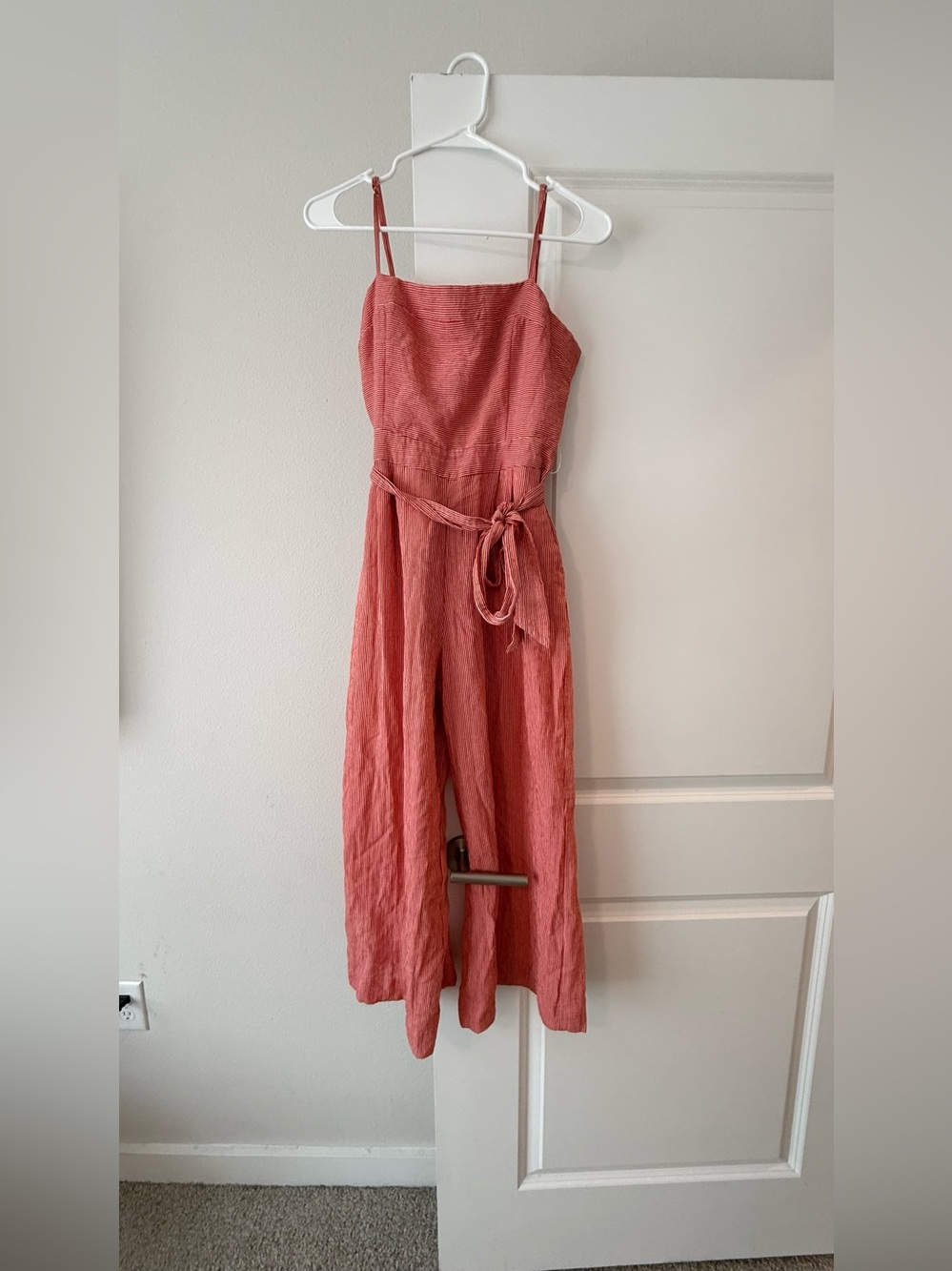 SHINESTAR Seersucker Stripe Jumpsuit Red White Wide Leg Belted Cami Romper M💛